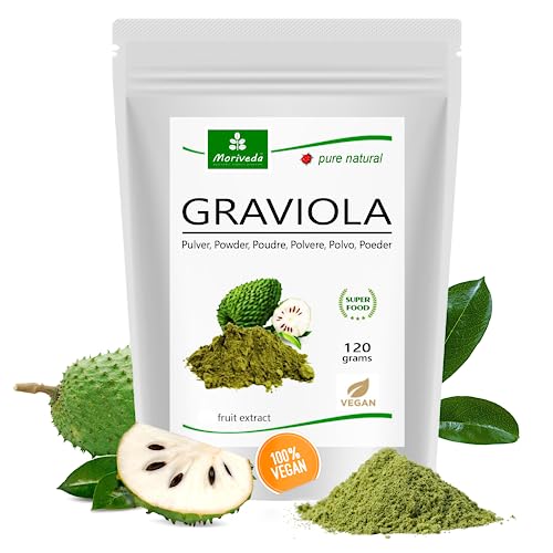 MoriVeda® Extracto de polvo de graviola, 100% natural, extracto de fruta graviola, rico en vitaminas y antioxidantes, graviola de primera calidad, vegana y sin gluten (1 x 120 g)