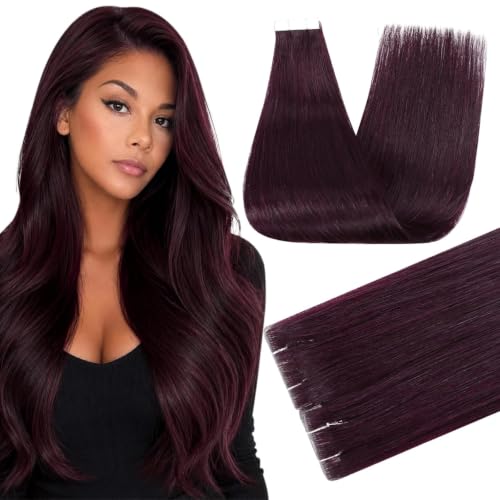 Full Shine Injected Tape In Extensions Human Hair, Burgundy 20 Inch