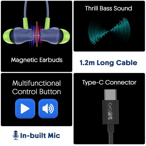 Image of Audify Type-C Wired Earphones Silicone Earmuff,Rich Bass,Clear Sound,Magnetic Buds,Inbuilt Mic,One-Button Control, Wire,Tangle Free,Compatible with iPhone 17 /16 /15 Series