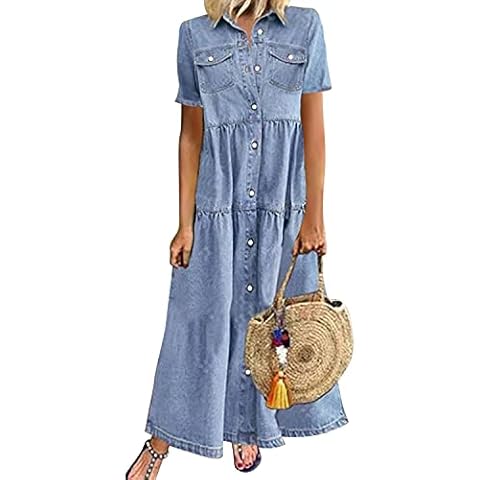Womens Summer Short Sleeve Button Down Long Denim Dress Casual Loose Fit Maxi Shirt Dress with Pockets (UK 16/Tag XXL) Light Blue Cover