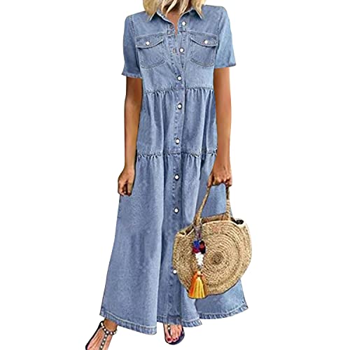 semen Damen Jeanskleid V Ausschnitt Sommer Strandkleider A Linie Kleid lang Kleid lässig Denimkleid