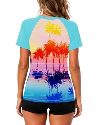 Image of AOBUTE Women Short Sleeve Rash Guard UPF 50+ Tropical Sun Protection Floral Swim Shirts