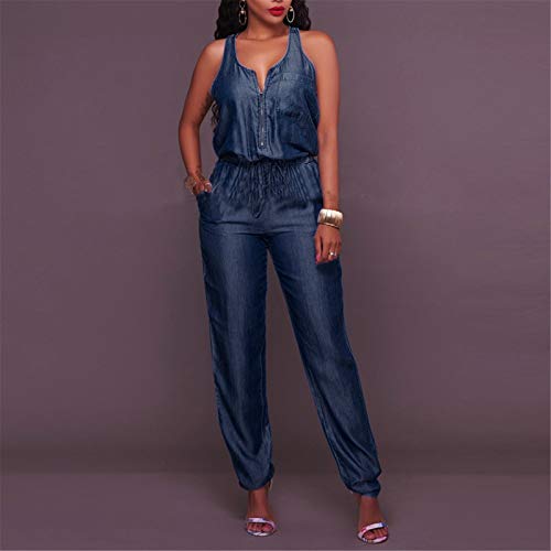Uodsvp Jumpsuits For Women, Funeral Outfit Women Monochrome Dressy Women's Loose Pants Long Casual Off Shoulder Denim Jeans Pocket Sleeveless Jumpsuits Rompers Romper Jumpsuit Shorts Bell (Xxl, Blue) #TOP2
