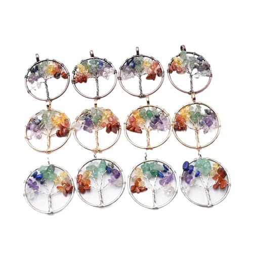 PVUVTNAHW 12 Uds. Colgantes redondos chapados en oro de 7 Chakras con piedra Natural for envolver el Árbol de la sabiduría de la vida for hacer collares(No2)