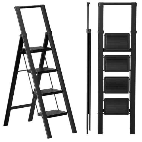 Image of SOLADDER 4 Step Ladder, Folding Step Stool, Lightweight Stepladder, Black | Reach 8ft;Anti-Slip 7.9'' Wide Pedal;Portable Handrail;Space-Saving;For Kitchen, Home, Library, Office Use;300lbs Capacity