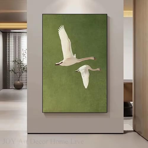 Tableau abstrait cygnes en vol pour habiller un mur vide avec une toile verte 80x120