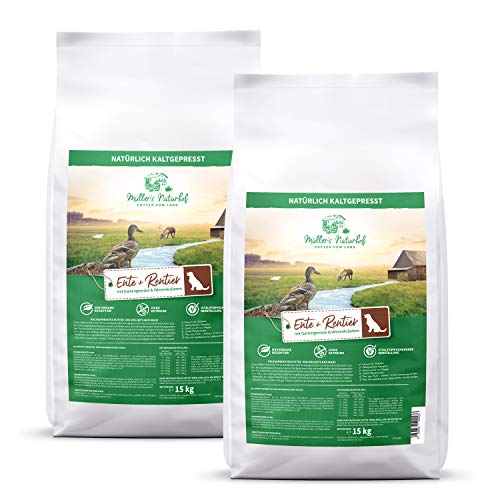 Müllers Naturhof - Ente & Rentier - 2 x 15 kg - Gartengemüse & Wiesenkräuter - Natürlich kaltgepresst - getreidefreie Rezeptur - Trockenfutter für alle Hunderassen - Traditionell hergestellt