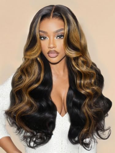 Image of Beauty Forever Bye Bye Knots Glueless Wigs Black with Caramel Blonde Highlights Body Wave Human Hair Wig 7x5 HD Lace Pre Plucked Pre Cut Drawstring Wig for Beginner Ready to Wear 150% Density 16inch