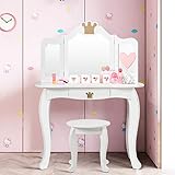Fireflowery Kids Vanity Table and Chair Set, Wooden Princess Makeup Table w/Stool, Tri-Folding...