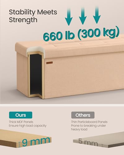 Image of SONGMICS Mazie Collection - Storage Ottoman Bench, 43 Inches Folding Foot Rest Stool, End of Bed Bench, Easy Assembly, for Living Room, Bedroom, Entryway, Apricot Orange ULSF077O01