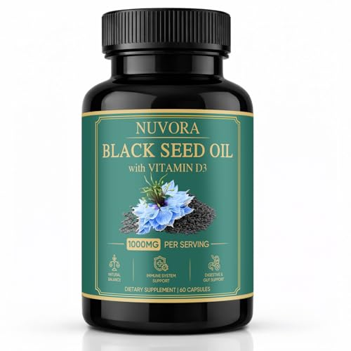 Nuvora Black Seed Oil Capsules with 5% Thymoquinone Turmeric & Black Pepper Extract Purely Nutrient Organic Cold Pressed Black Cumin Seed Oil Softgels Non-GMO Gluten-Free 90 Softgels (1)