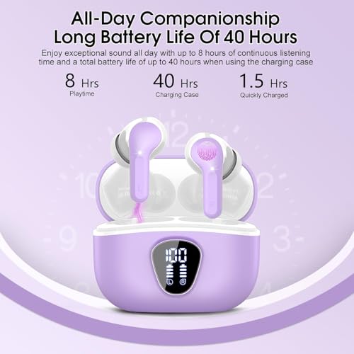 Wireless Earbuds, Bluetooth 5.4 Headphones HiFi Stereo, Bluetooth Earbuds with 4 ENC Noise Cancelling Mic, 48H Playtime Ear buds with Fast Charging LED Display, IP7 Waterproof In Ear Earphones Purple - Image 2