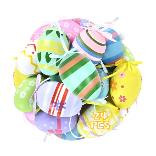 JIAWWAN 24 Pezzi Uova di Pasqua Decorative, Uova Pasquali da Appendere, Uova per Albero di Pasqua, Uova di Pasqua in Plastica Colorate, Decorazioni Uova di Pasqua, Uova Colorate per Decorazione di Pas