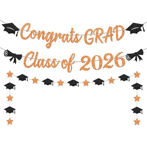 Black and Orange Congrats Grad Banner Class of 2026 Banner and Graduation Caps Garland Glitter Orange Graduation Decorations Banner Pre-Strung Graduation Banner for Graduation Decorations 2026