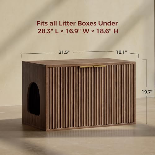Evermagin 31.5" Walnut Cat Litter Box Enclosure Furniture, Large Hidden Litter Box Cabinet, Mid Century Modern Indoor Cat House Kitty End Table for Living Room, Entryway, Bedroom