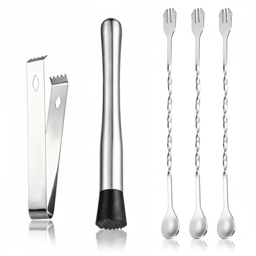 10 Inch Cocktail Muddler Bar Tool Set, Stainless Steel Mixing Spoon & 6 Inch Ice Tongs, Heat Resistant Dishwasher Safe Bartender Accessories for Mojito Old Fashioned Homemade Fruit Cocktails