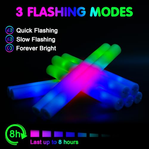 wellent 55 PCS Foam Glow Sticks, Foam Light Up Sticks Party Supplies with 3 Mode Colorful Flashing, Glow Sticks Bulk Party Pack, Led Foam Sticks for Birthday, Wedding, New Year, Carnival, Concert - image 5