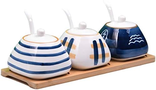 Porcelain Condiment Jar Spice Container with set of 3 Ceramic Condiment Pot Seasoning Box with Ceramic Serving Spoon and Lid - Bamboo Tray Porcelain Sugar Bowl for Home Kitchen 300ml (10.6oz)