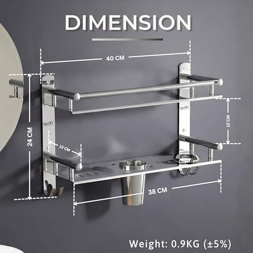 Image of GLOXY Premium Stainless Steel Bathroom Shelf Combo Pack of 3 | Chrome Finish Bathroom Accessories Set with Soap Holder, Toothbrush Holder & Storage Shelves | 4 in 1 Wall Mounted Bathroom Organizer