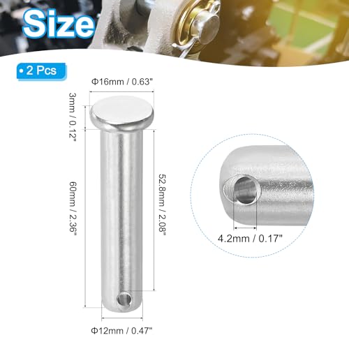 PATIKIL 14 x 60 mm Einzel Loch Clevis Pins, 2 Stück 304 Edelstahl Flachkopf Pin für Hitch Pin Lock Link Scharnier Systeme, Silber