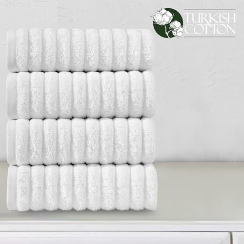 Image of Elegant Comfort Luxury 100% Turkish Cotton Corduroy Ribbed 4 Pack Hand Towel Set 16 x 28 Inch - Absorbent, Super Soft, Quick Dry, Premium Towels for Bathroom, Gym, Spa and Hotel Use, White