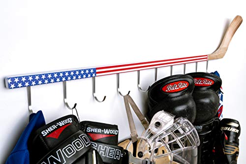 Coat Rack Wall Mount with 10 Hooks on Hardwood Hockey Stick. Fun Clothes Hanger, Fully Assembled, Unique Gift for Sports Fans. for Wall or Door in Mudroom, Entryway, Kids Room. Color: American Flag