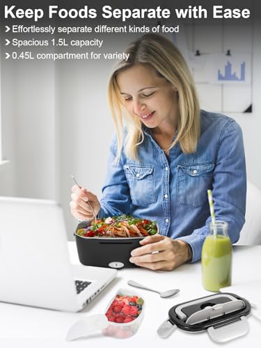 Image of 80W Electric Lunch Box for Adults, 1.5L Stainless Steel Food Warmer Lunchbox, 12V /24V /110V Portable Heated Lunch Box for Car /Truck /Office, Leak-Proof, Dishwasher-Safe with Fork & Spoon (Black)