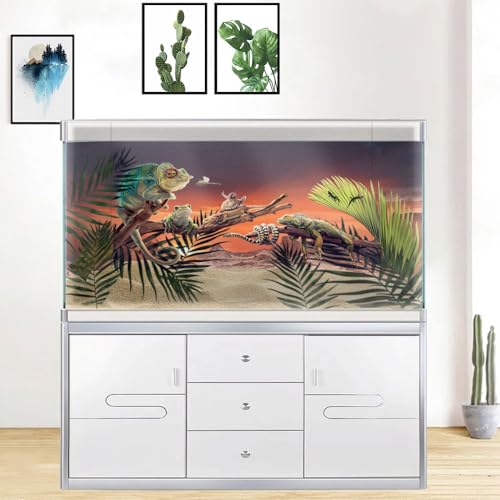 Image of 72X16IN Sun and Desert Moon Themed Reptile Habitat on Orange Durable Decorative Background, Terrarium Background with 10EVA Double-Sided Tape