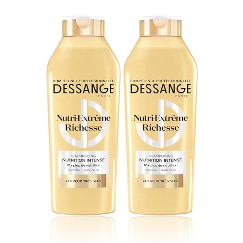 DESSANGE - Shampoing Nutrition Intense Nutri-Extrême Richesse - Formule Enrichie En Peptides & Huile De Lin - Douceur & Éclat - Cheveux Très Secs - Lot de 2 X 280ml