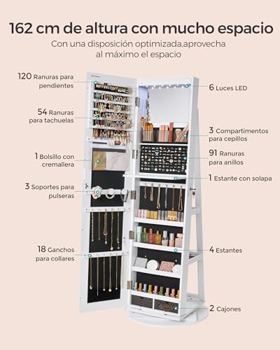 SONGMICS Espejo Joyero con 6 LEDs, Armario de Joyas de Giro de 360°, Organizador de Joyas Giratorio, sin Marco, Espejo Completo con Almacenaje, Superficie Blanco y Forro Negro JJC007W01 - imagen 6