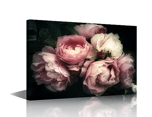 TISHIRON Pink Rose Flowers Wall Art Canvas Print Paintings Framed Vintage Old Painting Art Home Decor Paintings to Hang on Walls for Living Room Kitchen Bathroom Ready to Hang 16x24inch