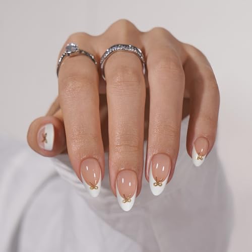 BTArtbox Press On Nails, Almond Short French Tip Nails, 32 Pcs Full Kit