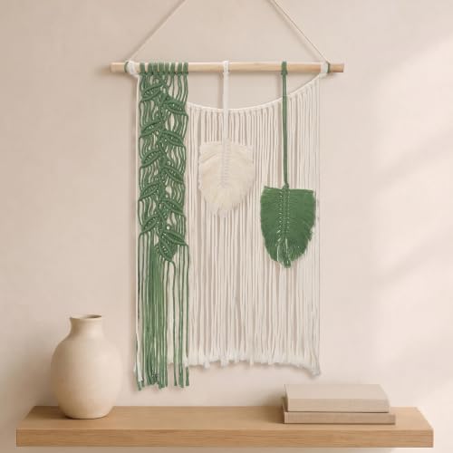 Briful Macrame Wall Hanging with Sage Green Feather Leaves 15.75" x 21.65"