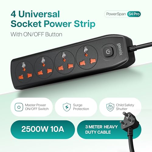 Image of Geonix PowerSpan S4 Pro | Extension Board with 4 Universal Sockets with on Off Button, 3mtr Long Copper Cable, 2500 Watts, 10 Amp Multi Plug for Office & Home Appliances (Black)