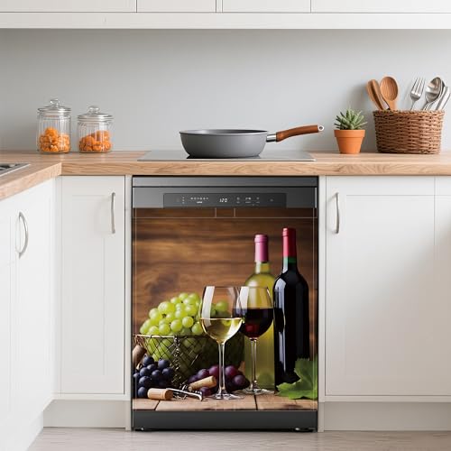 Image of Dishwasher Magnets Decorative Cover,Grape Wine Glasses Refrigerator Magnet Cover,Washable Modern Wine Bottle Dishwasher Front Panel Cover Home Kitchen Decoration 23x26 Inch