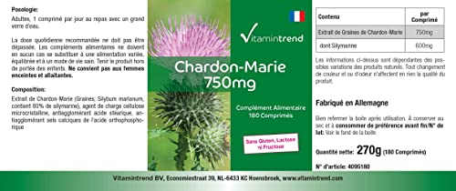 Vitamintrend Extrait de chardon-marie 750 mg, 180 comprimés, hautement dosé, complément alimentaire végan sans stéarate de magnésium, fabriqué en Allemagne – vue 4