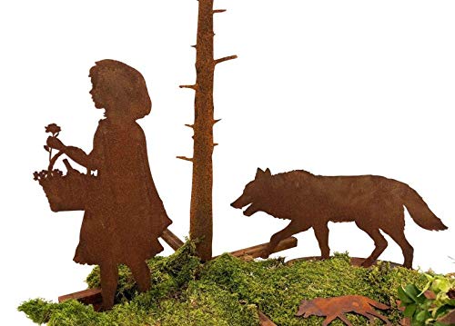 Dekofigur Rotkäppchen und der Böse Wolf im Rost Design, 2er Set, Rostfigur für den Garten