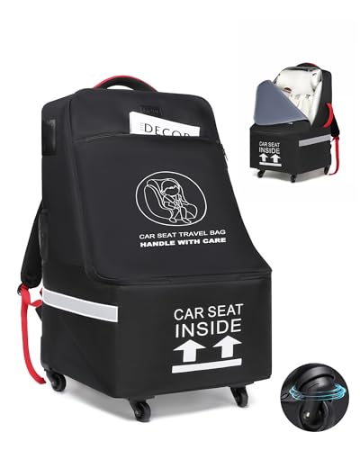 MCBD Car Seat Travel Bag for Airplane with Wheels, Padded Baby Carseat Backpack for Airport Gate Check Carrier Fits Booster Seat & Luggage Toddler Carseat Cover with Reflective Strips, Black