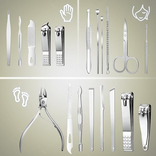 Image of VORLA Professional Manicure & Pedicure Kit, Stainless Steel Grooming Set with Nail Clippers, Cuticle Trimmer, Scissors & Tweezers (19 IN 1 MANICURE)