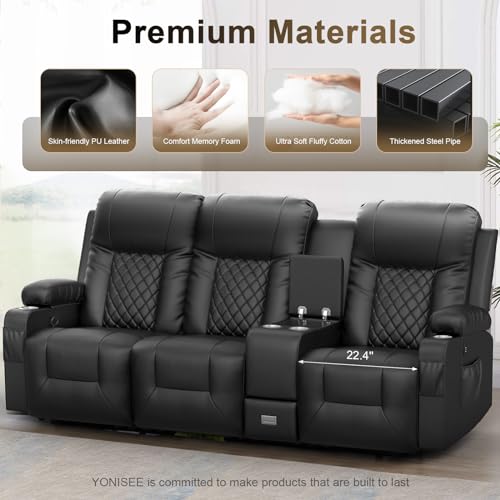YONISEE 3 Seat Recliner Sofa, Large Reclining Sofa with Storage Console, Manual Reclining Chair with USB Ports, 2 Cell Phone Holder, 3 Seater Loveseat Recliner Couch for Living Room