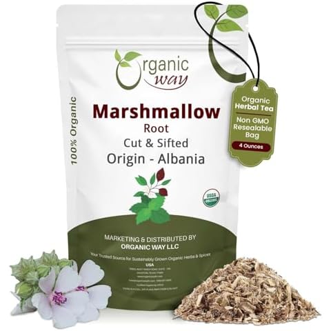 Organic Way Marshmallow Root | Herbal Tea (Althaea officinalis) Cut & Sifted - European Wild-Harvest | Organic & Kosher Certified | Non GMO & USDA Certified | Origin - Albania (1/4LBS / 4Oz) Cover