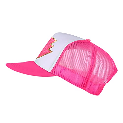 Lightning Bolt Hat Glitter Lightning Trucker Hats Women Cute Trendy Snapback Preppy Hat 80S Retro Foam Mesh Baseball Cap Hot Pink #TOP2