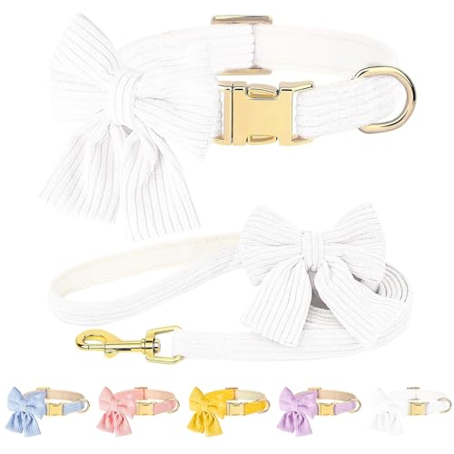 RoseYouth Dog Collar and Leash Set with Bowtie, Girl Dog Collars Metal Buckle Adjustable for Small Medium Dogs (White, M: Neck 13"-22" Leash 5 FT)