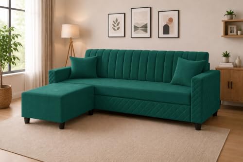 Image of 3 Seater Velvet Sofa with Ottoman | Modern Upholstered Couch | Quilted Design | Soft Comfortable Seating | Sturdy Wooden Frame | Living Room, Office- Green
