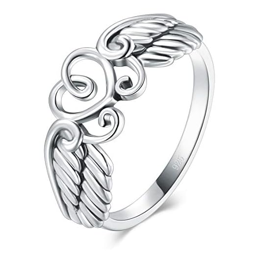 BORUO 925 Sterling Silver Ring High Polish Heart Angel Wings Ring Size 6