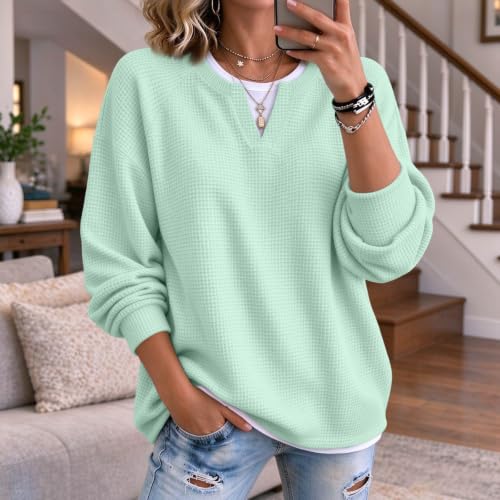 Waffle Tops for Women Faux Layered V Neck Waffle Knit Henley - image 2