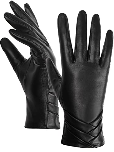 GSG Echtes Lammfell-Lederhandschuhe für Damen, warm gefütterte Touchscreen-Winterhandschuhe Schwarz M Cover