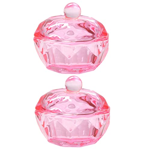 FOMIYES Pink Crystal Cup Glass Nail Dish 2pcs Lid for Liquid Nail Dip Container