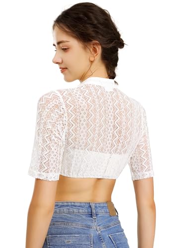 AMZHOTER Dirndl Bluse Damen Dirndlbluse Spitze Trachtenbluse Kurzarm Weiß Bluse Oktoberfest V-Ausschnitt 36