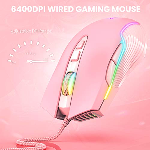 Image of Cute RGB 6400 DPI Wired Gaming Mouse Breathing LED Optical USB 7 Buttons Gamer Computer Pink Mice for Laptop PC Desktop (Pink)
